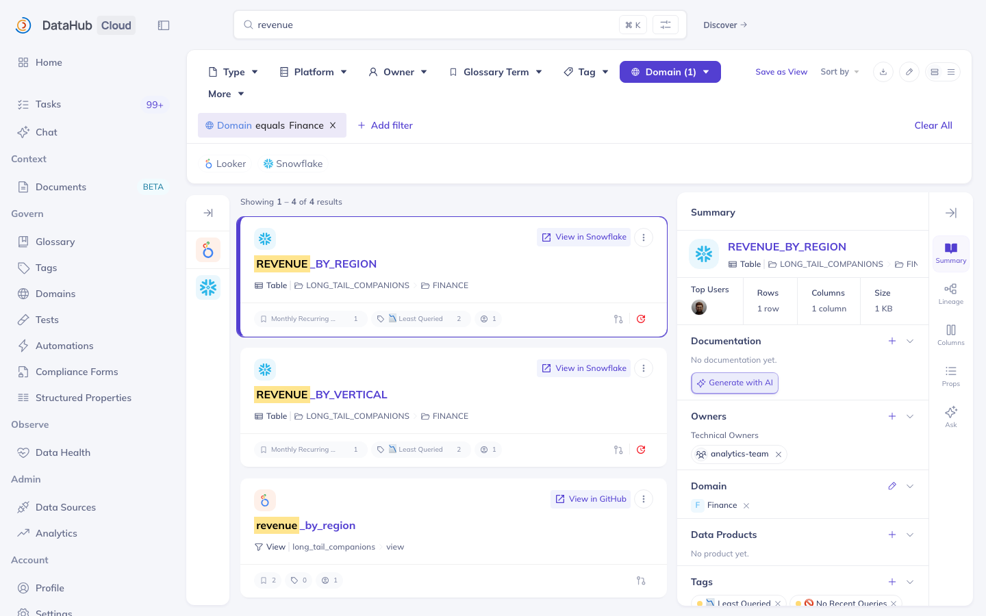 Search results for revenue with the Domain filter set to Finance: only Finance-domain revenue datasets remain, and the selected result's summary panel shows its domain and owners
