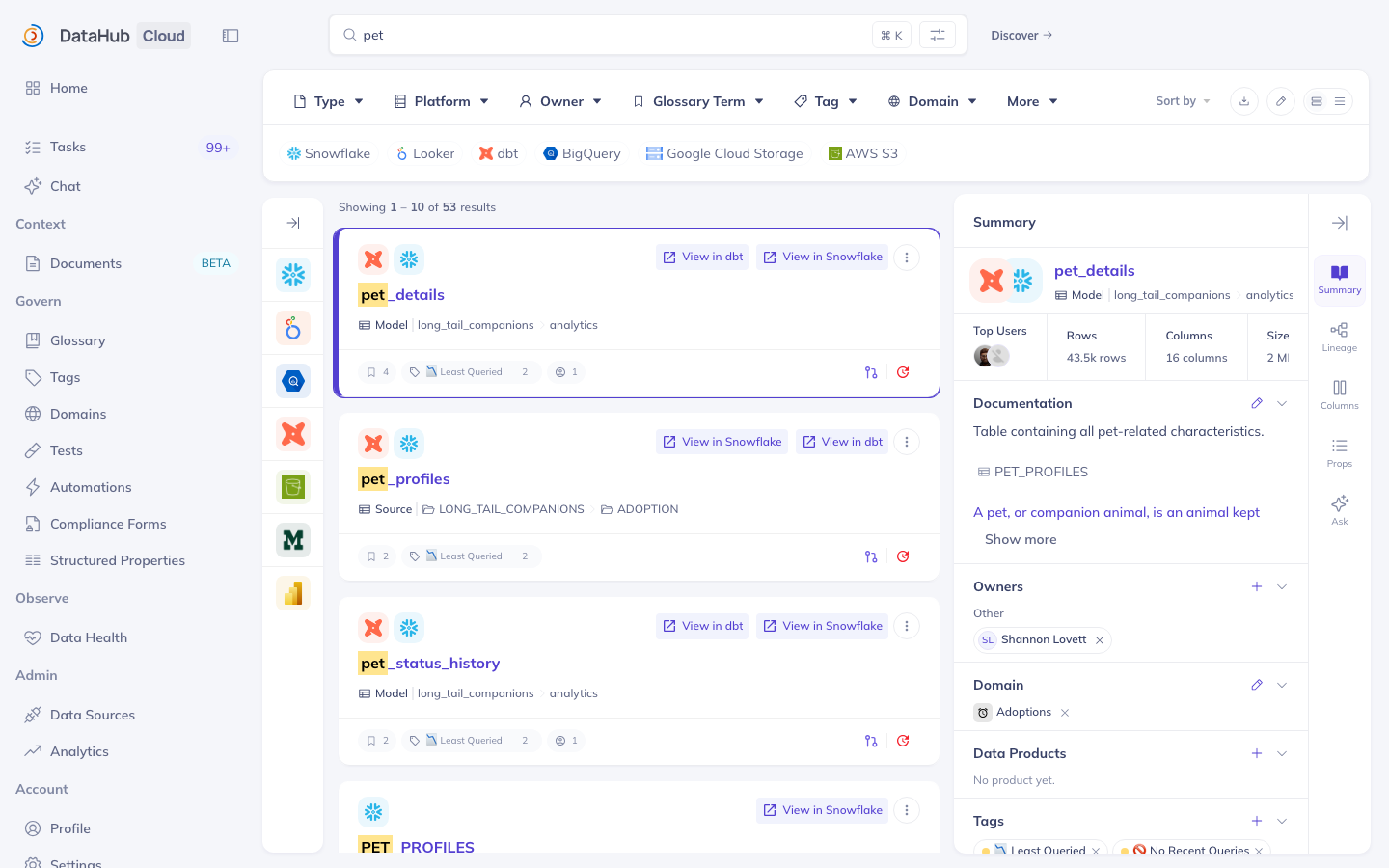 Search results for the query 'pet': the faceted filter bar across the top (Type, Platform, Owner, Glossary Term, Tag, Domain, More) with platform quick filters, result rows showing entity name, type, and platform, and a summary panel for the selected result at right