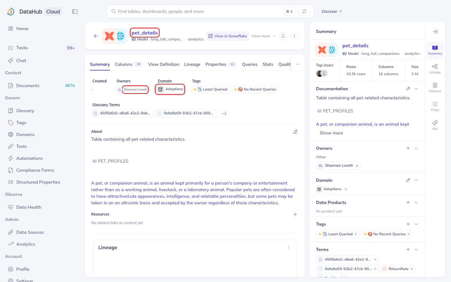 A dataset entity page with highlight boxes calling out the trust signals: the dataset name in the header, the owner name, and the domain label
