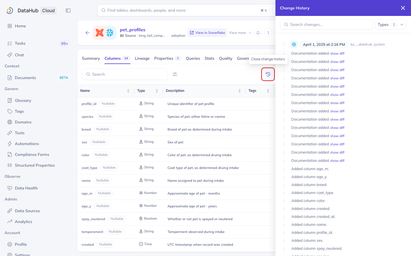 The Columns tab with the Change History panel open, listing dated schema events such as documentation and column additions, with the change-history toggle highlighted at the top right of the tab