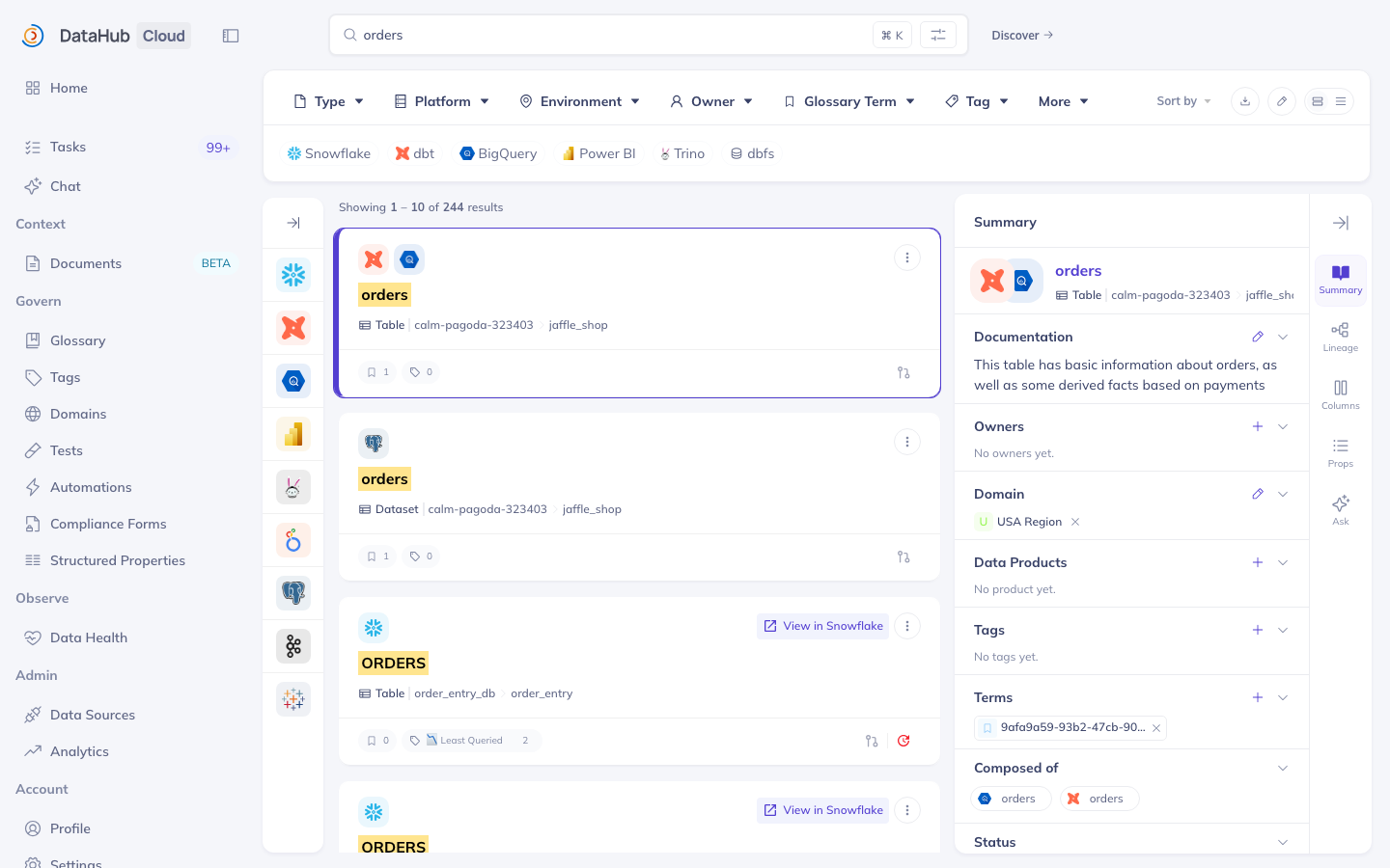 Search results for orders: the filter bar across the top, platform quick filters, result cards with name, type, and platform, and the selected result's summary panel showing documentation, owners, and domain