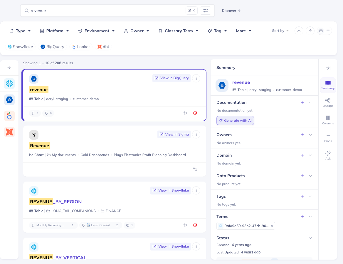 Video: applying a Platform filter — the cursor opens the Platform facet, picks Snowflake, clicks Update, and the result list narrows to Snowflake datasets