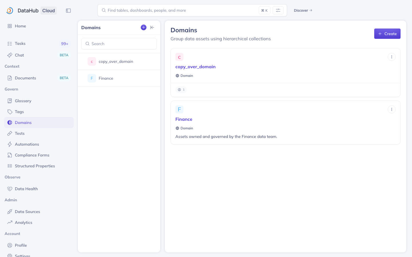 Video: browsing by domain — the cursor clicks the Finance domain and its page opens listing the revenue assets inside it