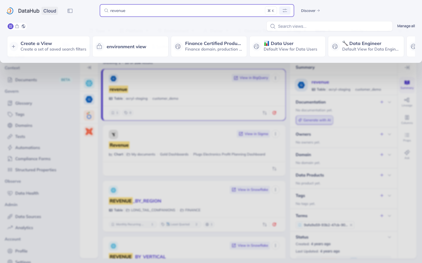The View selector open on a search results page: a Create a View card, a private view, and public views including Finance Certified Production, Data User, and Data Engineer