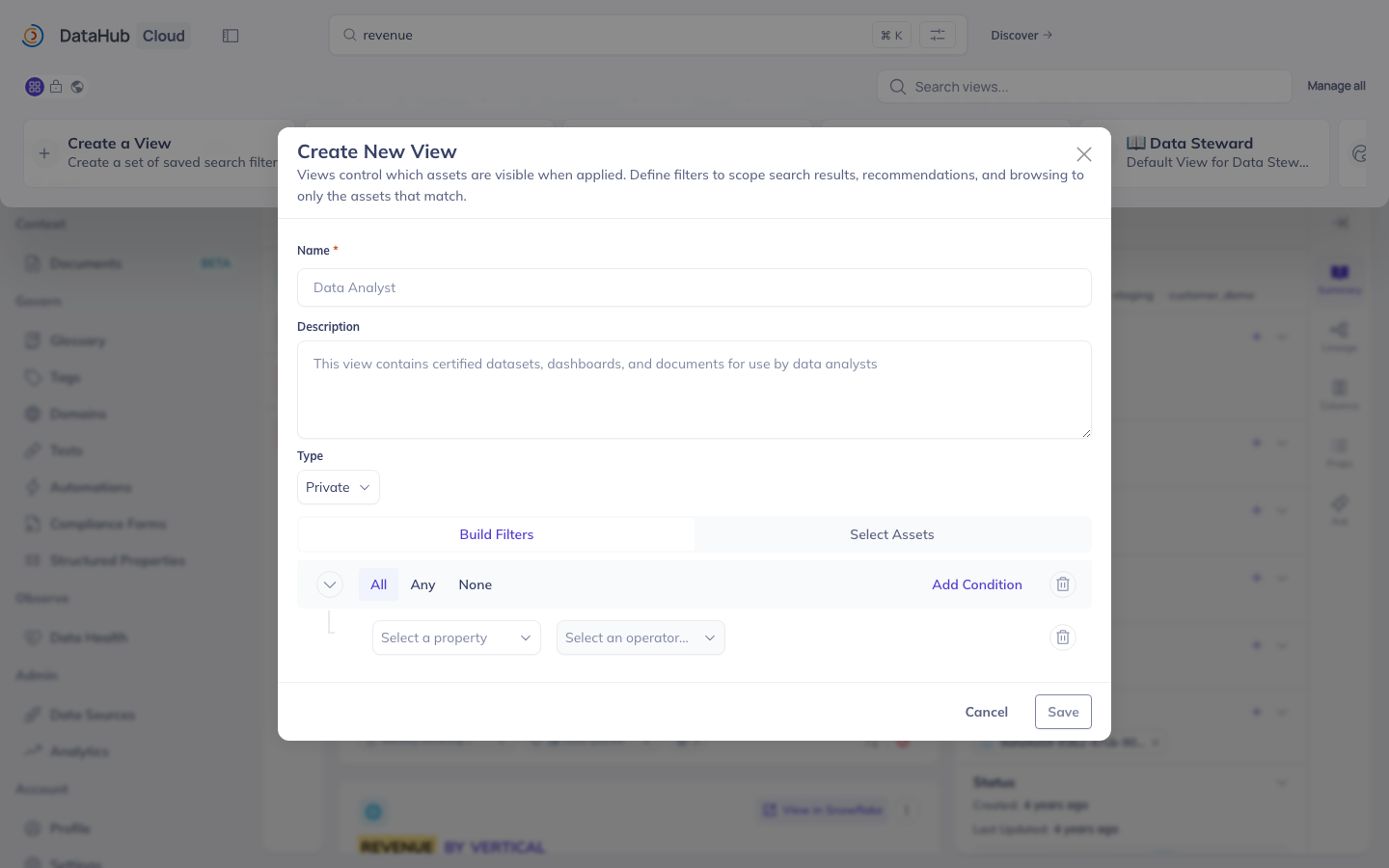 The Create New View dialog: name and description fields, the Private/Public type selector, and the filter builder for scoping which assets the view shows