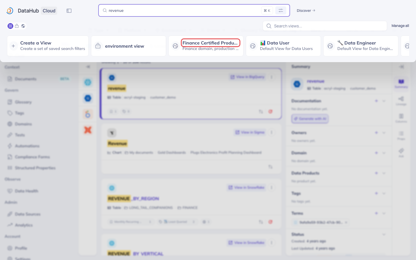 The View selector with the public Finance Certified Production view highlighted, next to the built-in Data User and Data Engineer public views
